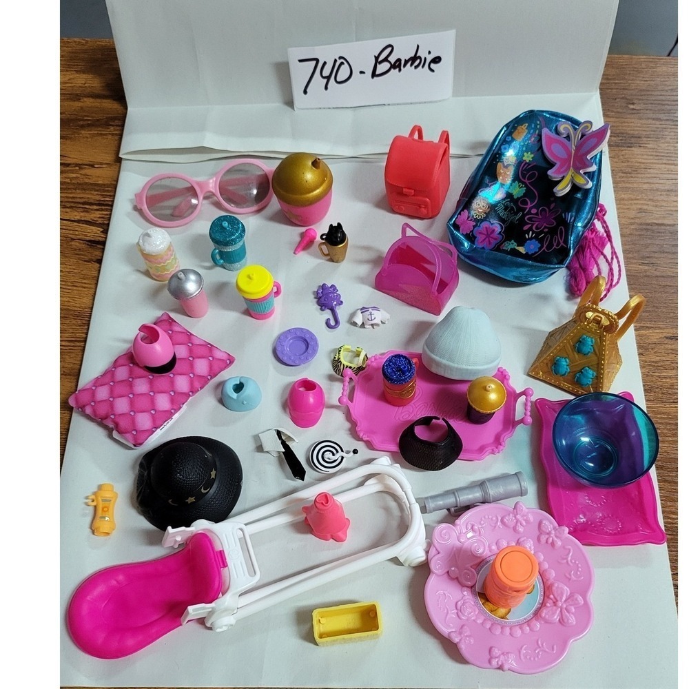 37 Barbie Doll Accessories Lot - Backpacks, Hats, Food, Furniture, More!